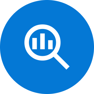 White magnifying glass with bar chart inside.